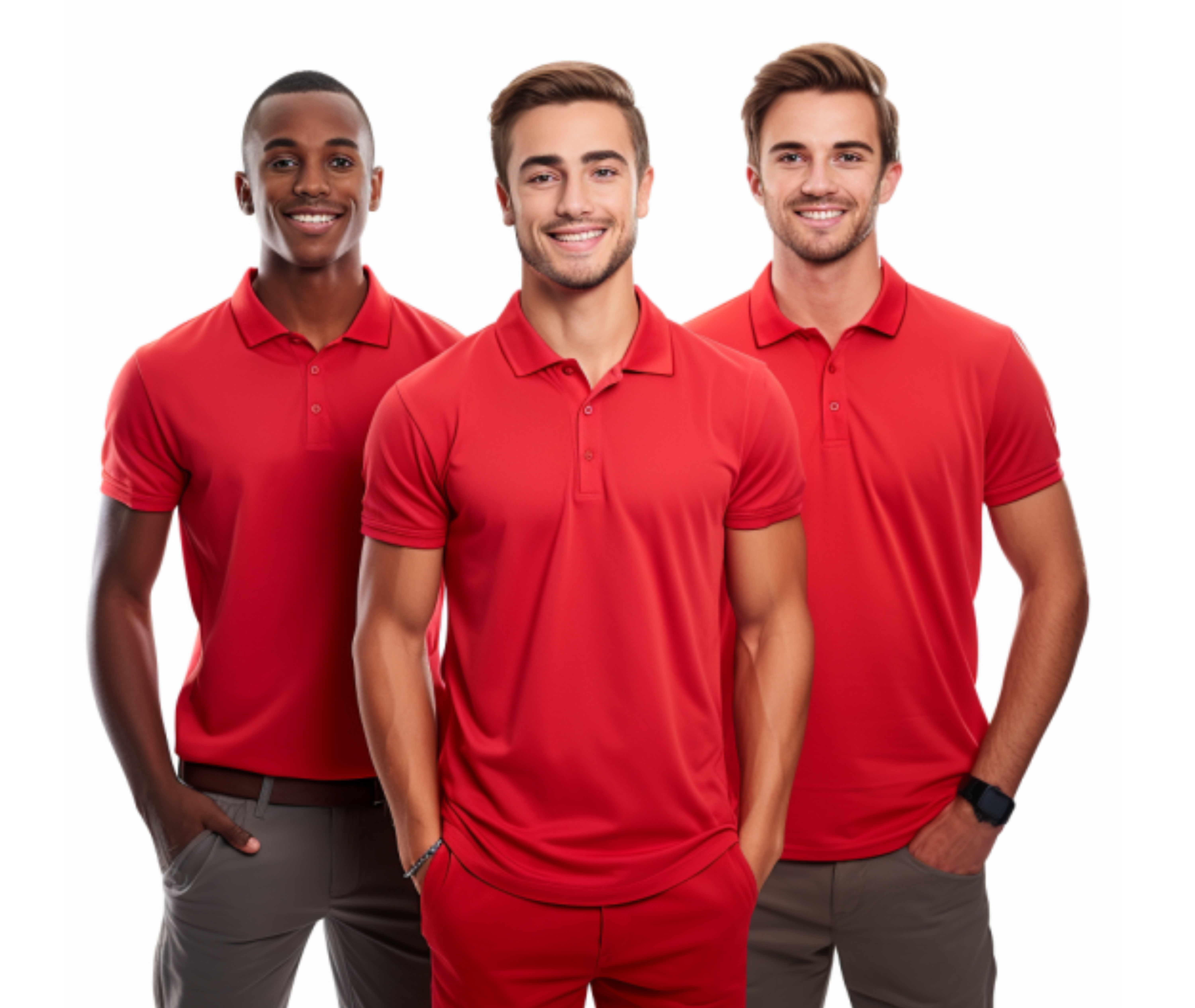 Three smiling men dressed in red polo shirts standing together against a plain background. They appear friendly and confident, with their hands in their pockets.