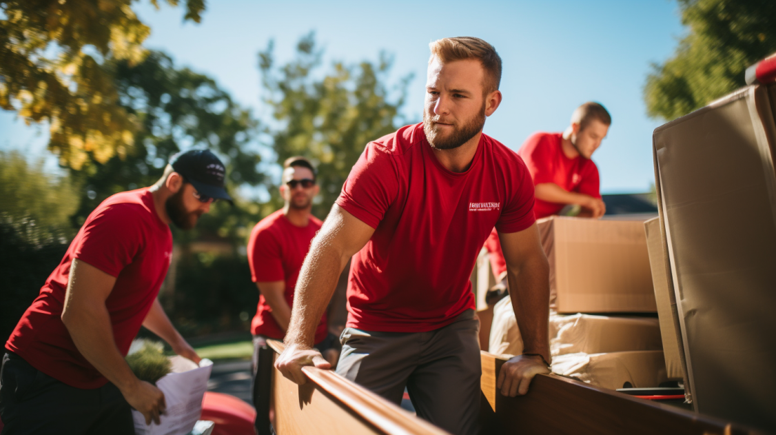 Several men in red shirts are unloading furniture and boxes from a truck on a sunny day. One man in the foreground leans on the trucks side while others move items onto the pavement. Trees and cars are visible in the background.